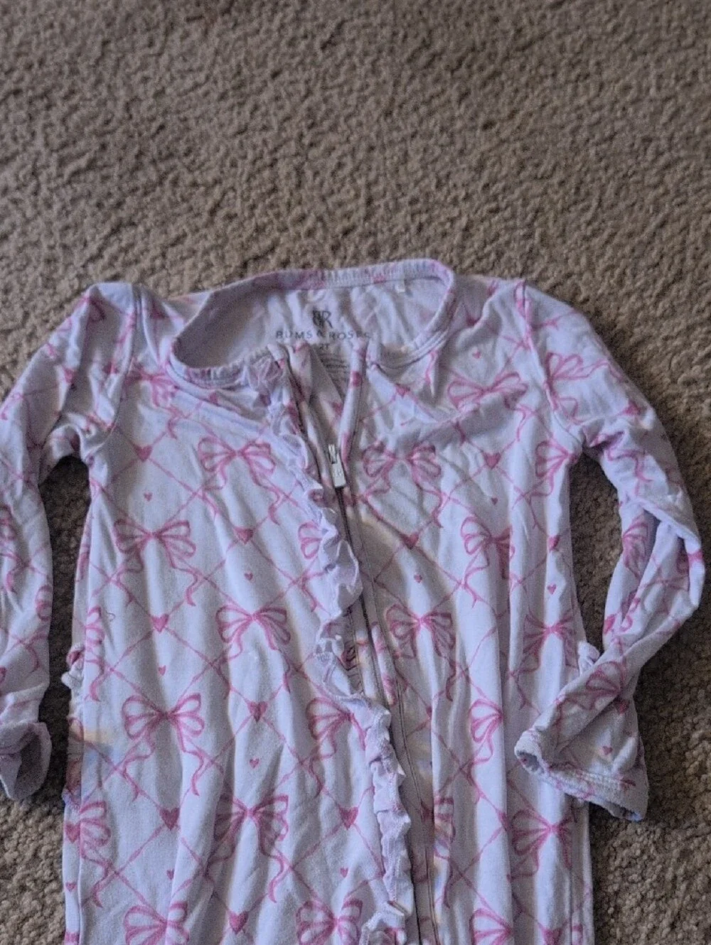 Pink Bow Print Footed One-Piece Pajamas with Front Ruffle Closure